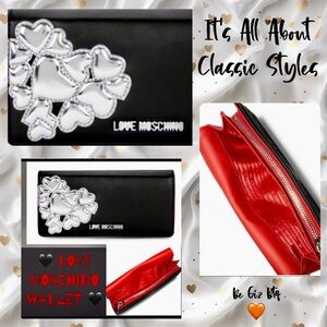 🆕 NWT Love Moschino Authentic Metallic Hearts Wallet Black And Silver